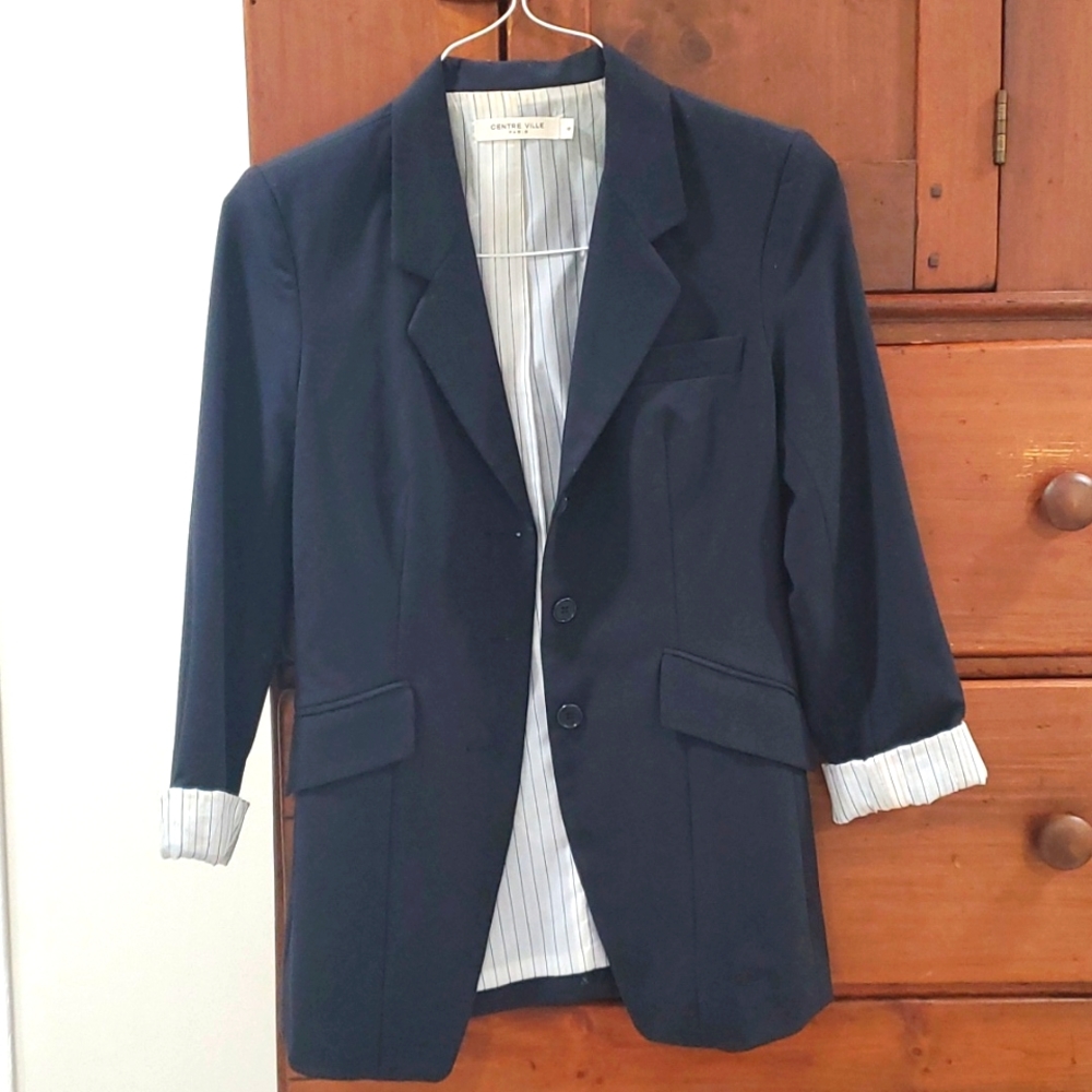 Long Line 3 Button 3/4 Length Black Blazer